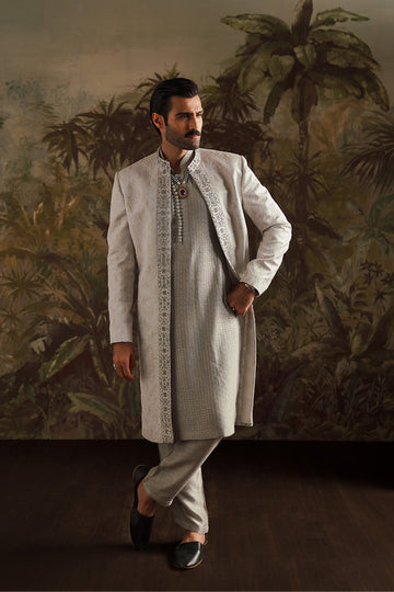 "Alyan" Ice Grey Embroidered Sherwani